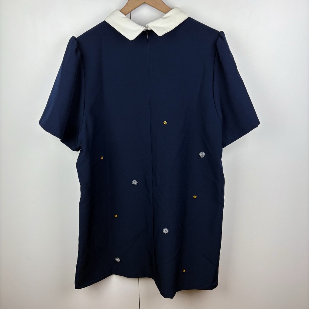 Sister Jane Peter Pant Collar Embellished Puff Sleeve Jacquard Mini Dress Navy - Picture 9 of 9